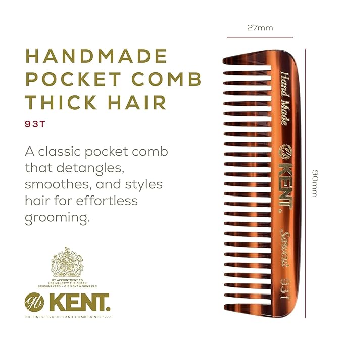 Kent 93T-93T G Wide Tooth Small Comb for Men's Mustache and Beard Grooming, Pocket Sized Detangler Travel Comb, Saw-Cut and Polished, Handmade in England