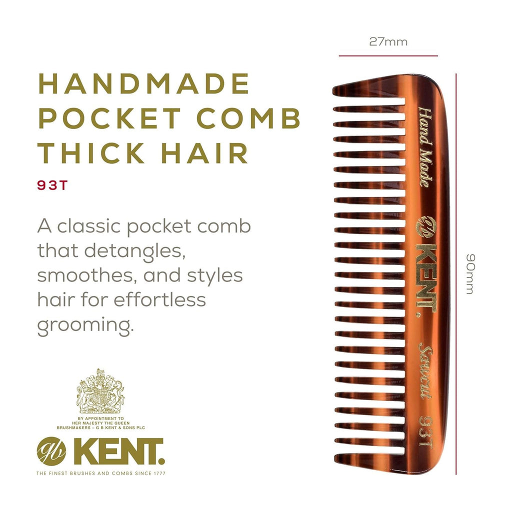 Kent 93T-93T G Wide Tooth Small Comb for Men's Mustache and Beard Grooming, Pocket Sized Detangler Travel Comb, Saw-Cut and Polished, Handmade in England