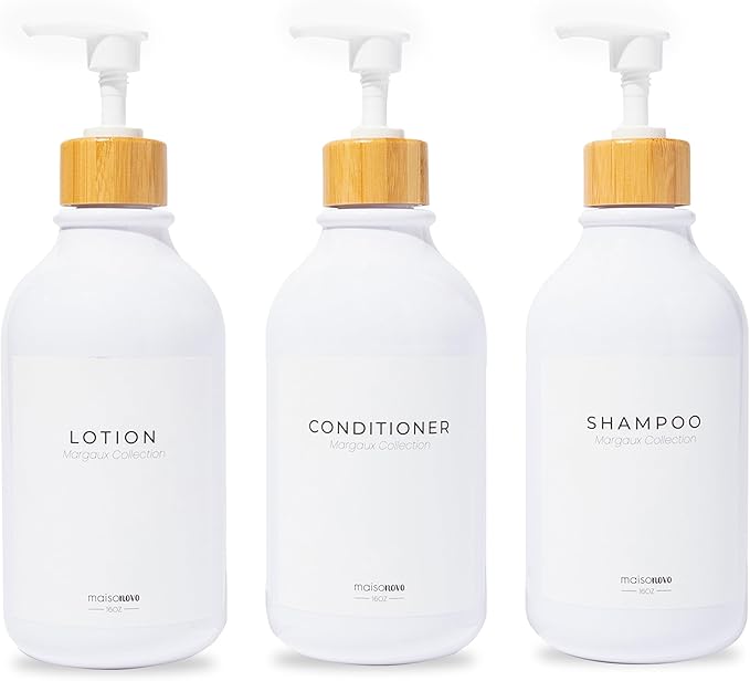 Shampoo and Conditioner Bottles Set of 3 White Bamboo – Shower Shampoo Dispenser – Hotel Style Bathroom Upgrade by MaisoNovo