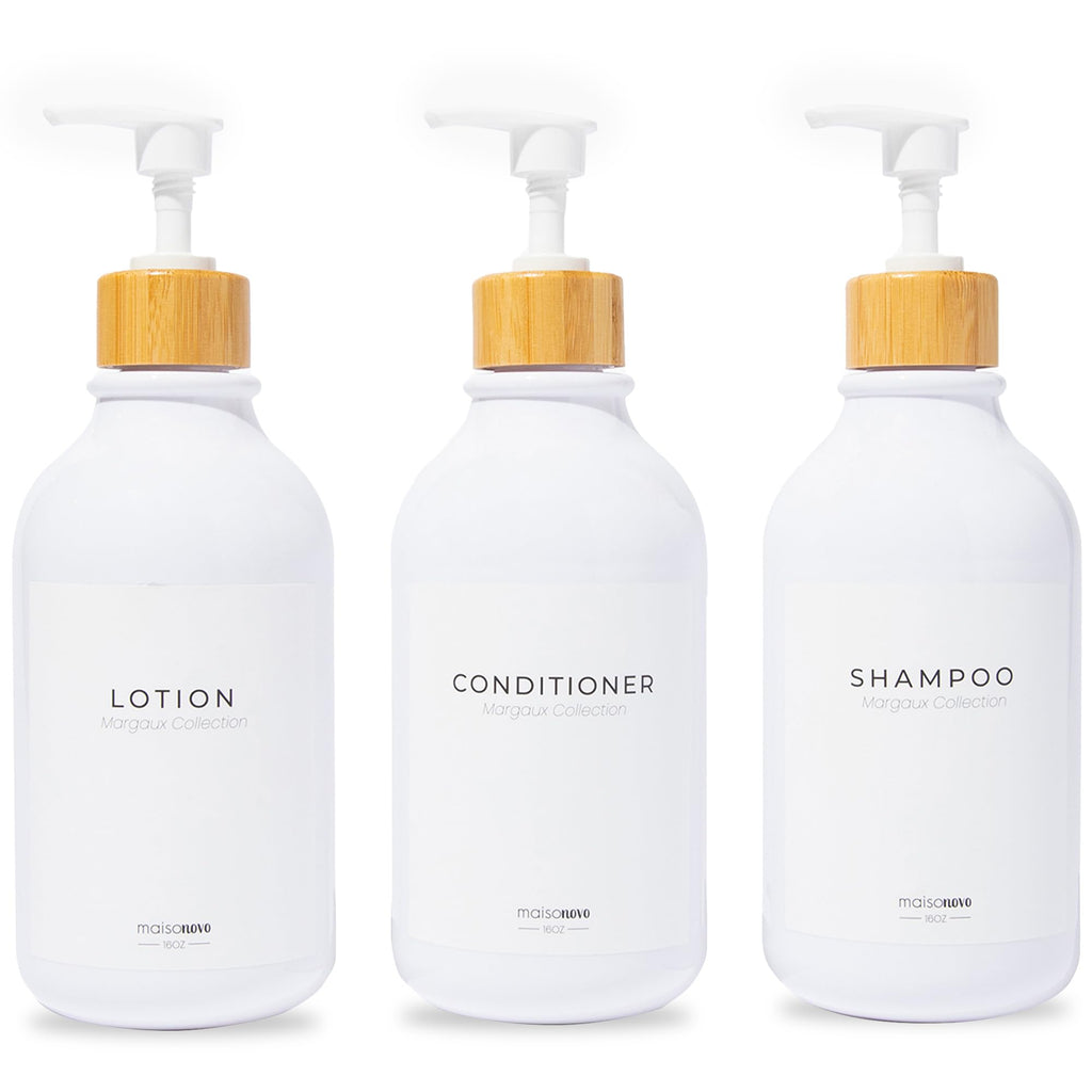 Shampoo and Conditioner Bottles Set of 3 White Bamboo – Shower Shampoo Dispenser – Hotel Style Bathroom Upgrade by MaisoNovo