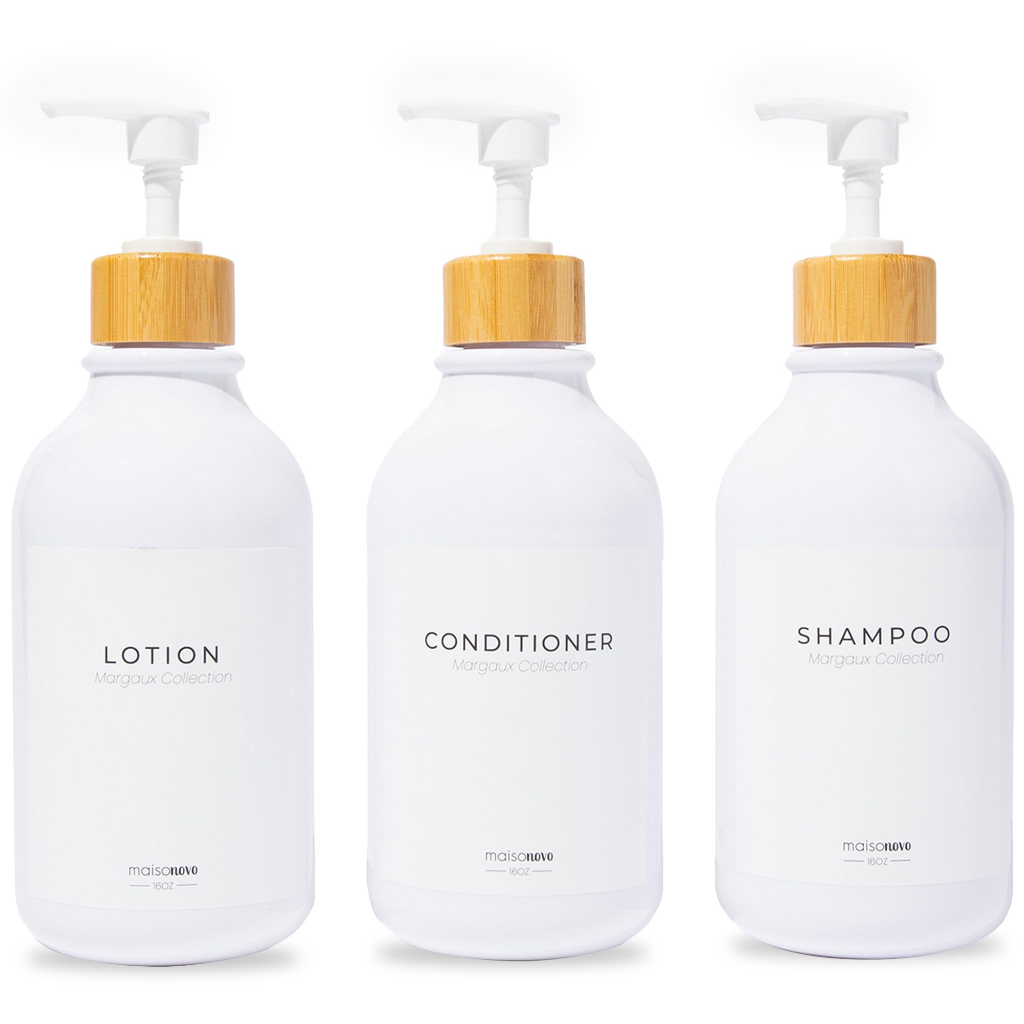 Shampoo and Conditioner Bottles Set of 3 White Bamboo – Shower Shampoo Dispenser – Hotel Style Bathroom Upgrade by MaisoNovo
