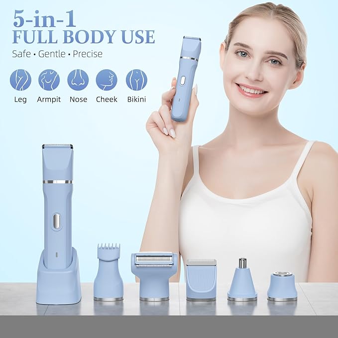 HOHOLE 5-in-1 Bikini Trimmer for Women, IPX7 Waterproof Electric Razors Shaver, Cordless Body Hair Trimmer, Facial & Pubic Hair Removal, Ceramic Blade (Sky Blue)