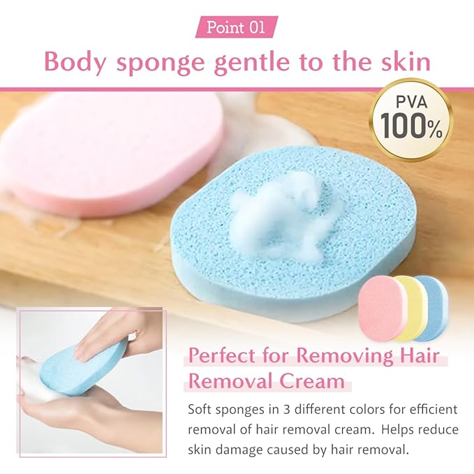 Hair Removal Aid Kit: 3 Body Sponges & Depilatory Cream Spatula - Gentle on Skin, 100% PVA Material, for Men & Women