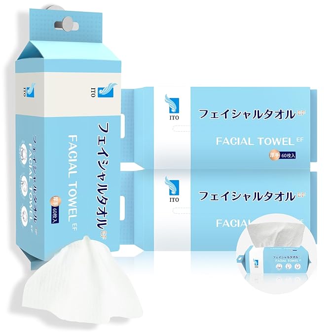 ITO Face Towels, Ultra-Soft & Extra Thick Cleansing Towels for Sensitive, Dry & Oily Skin, Facial Tissue, Makeup Remover Disposable Towels (60 Count (EF Pack of 3))