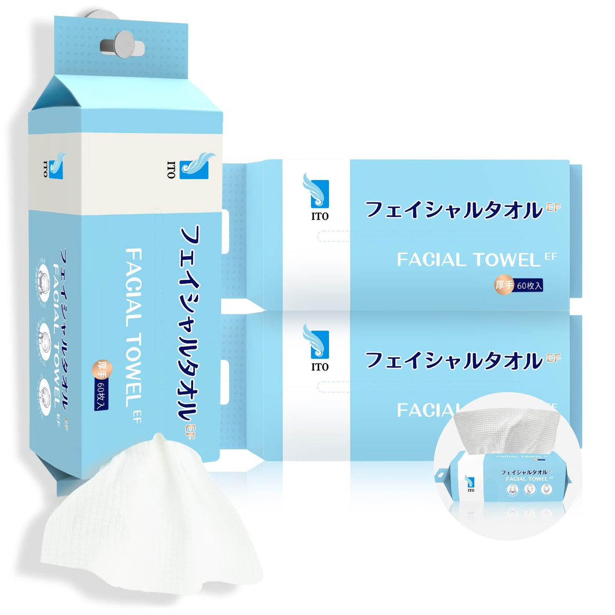 ITO Face Towels, Ultra-Soft & Extra Thick Cleansing Towels for Sensitive, Dry & Oily Skin, Facial Tissue, Makeup Remover Disposable Towels (60 Count (EF Pack of 3))