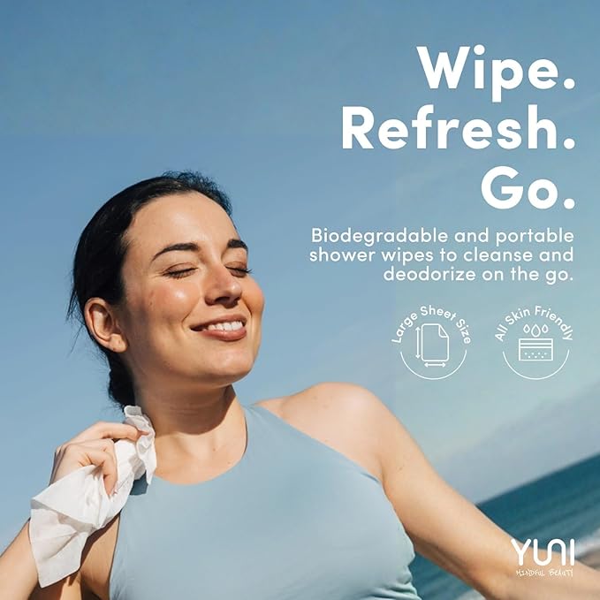 YUNI Beauty Large Body Wipes (Unscented, 6 Count) Super Soft Moist Showerless Wipes that Cleanse & Deodorize - On-the-Go Waterless Body Cleanser - Biodegradable Individually Wrapped Wipes for Travel