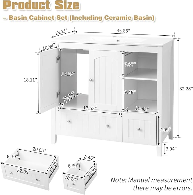 VINGLI 36" Modern Bathroom Vanity with Ceramic Sink, White Bathroom Vanity Cabinet w/2 Stripe Doors & 2 Drawers, Bathroom Sink Cabinet Combo, Floor Storage Cupboard w/Open Shelf for Bathroom