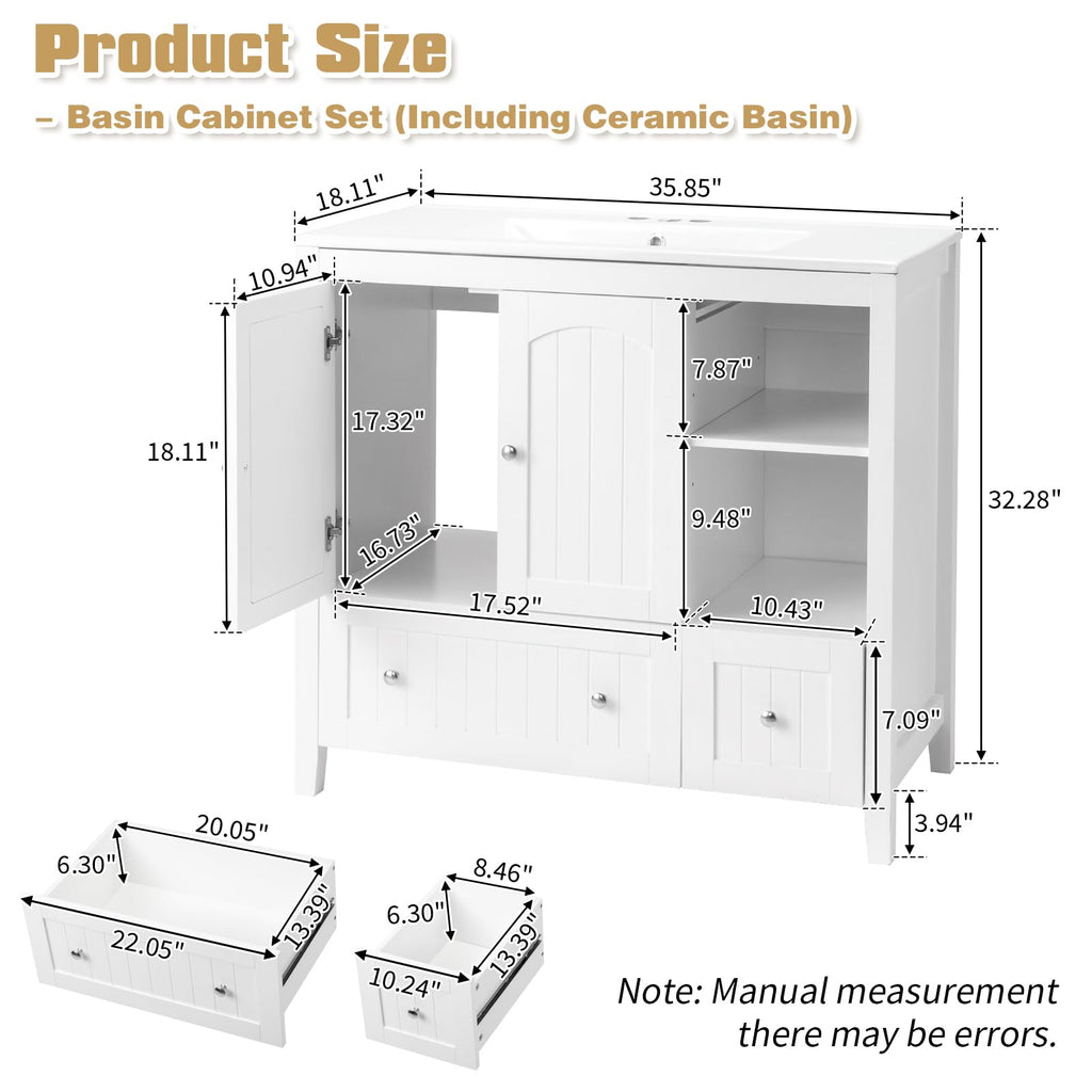 VINGLI 36" Modern Bathroom Vanity with Ceramic Sink, White Bathroom Vanity Cabinet w/2 Stripe Doors & 2 Drawers, Bathroom Sink Cabinet Combo, Floor Storage Cupboard w/Open Shelf for Bathroom