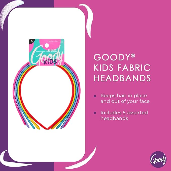 GOODY Kids Ouchless Classic Headband, Assorted Colors - For All Hair Types - Beautiful Design for Instant Style - Pain-Free Hair Accessories for Boys, and Girls, 5 Count (Pack of 2)