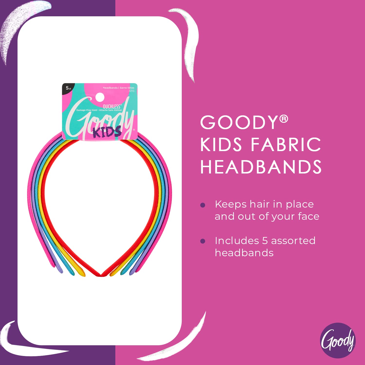 Goody Kids Ouchless Classic Headband, Assorted Colors - For All Hair Types - Beautiful Design for Instant Style - Pain-Free Hair Accessories for Boys, and Girls, 5 Count (Pack of 1)