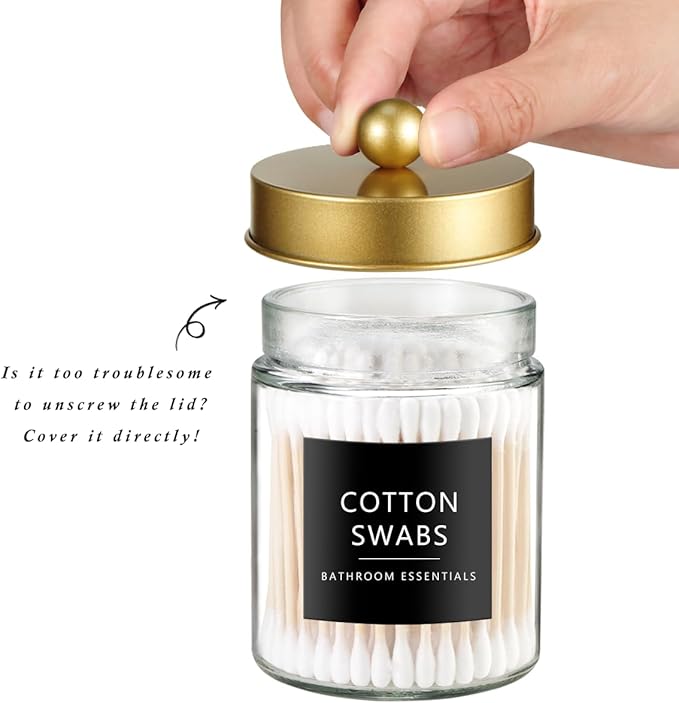 SheeChung Qtip Holder Dispenser for Bathroom Vanity Organizer and Farmhouse Decor - Stylish Glass Apothecary Jar with Stainless Steel Lid and Stickers,Bathroom Countertop Storage Canister(Gold,2Pack)