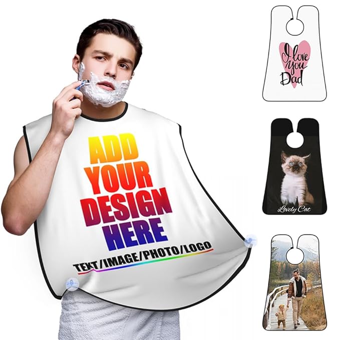 Custom Beard Apron for Men Personalized Gift with Name Image Picture Text Beard Shave Cape Customized Beard Trimming Catcher Bib for Bathroom Light Blue