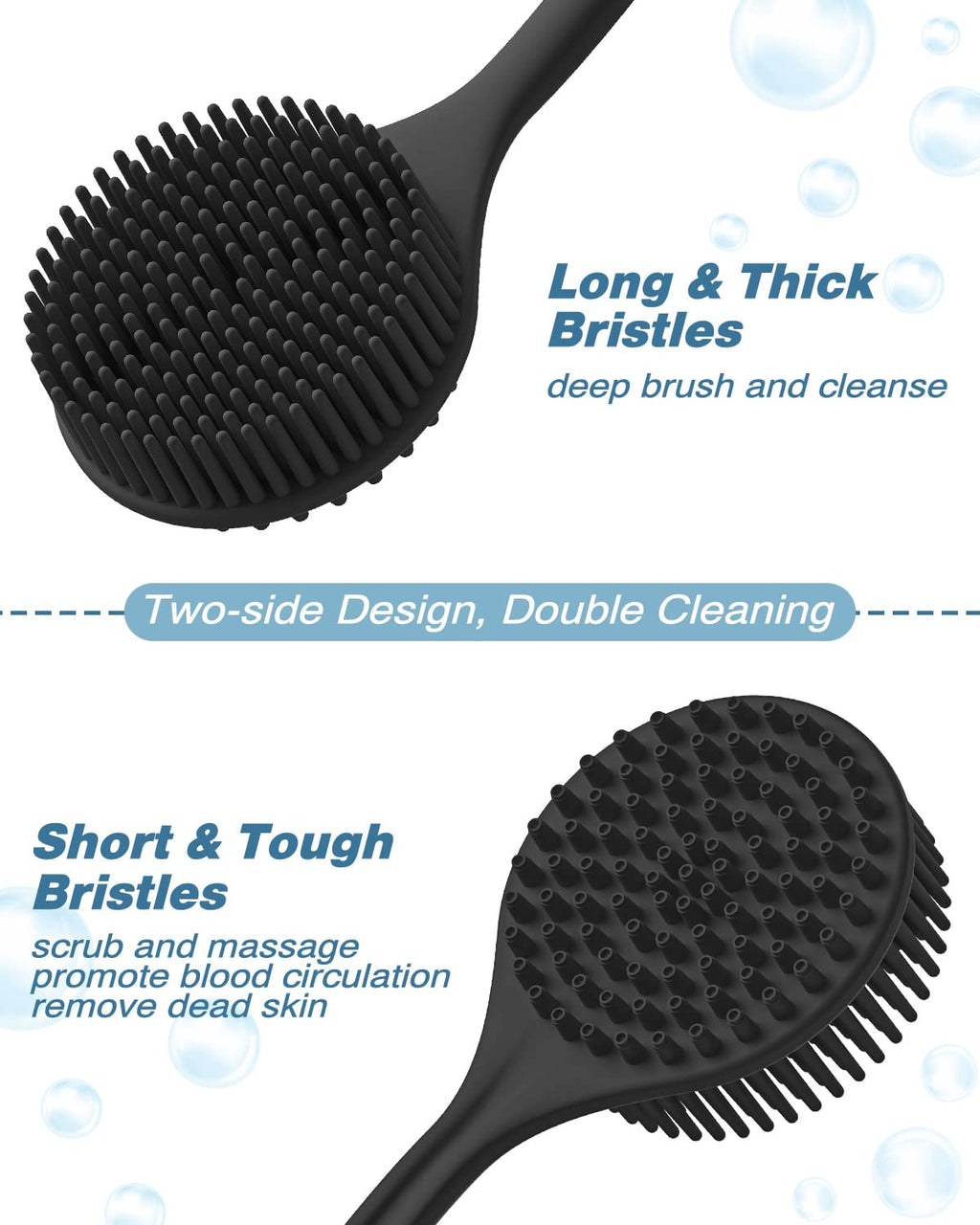 Manmihealth Silicone Back Scrubber Bath Brush Set Thick Bristles Black