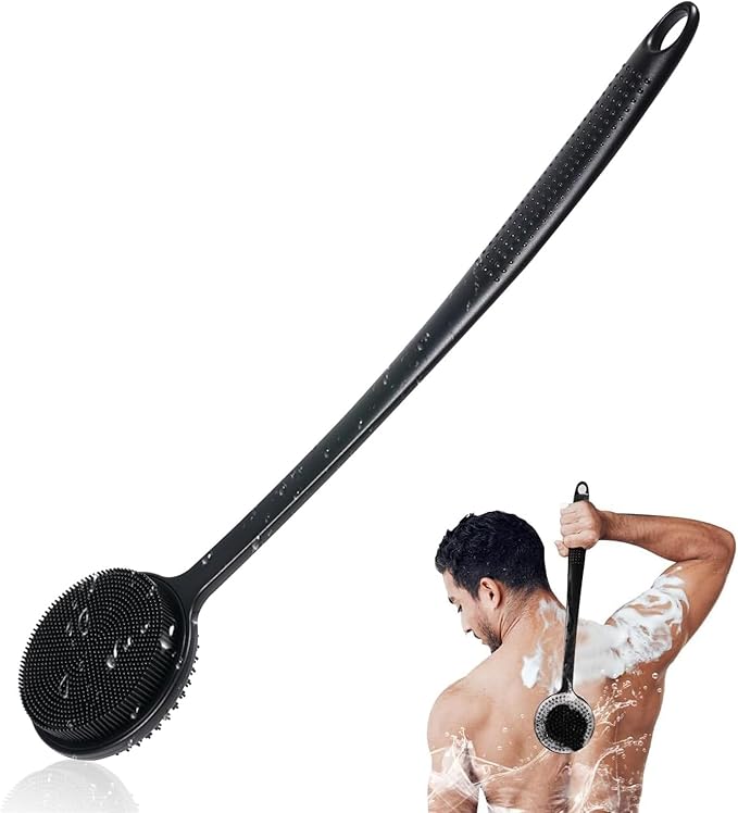 2 Pack Back Scrubber for Shower, 17in Lengthen Long Handle Body Brush, Double Sided Shower Brush for Shower Exfoliating and Massage Can Produce Rich Foam, Long Handle Back Scrubber for Men