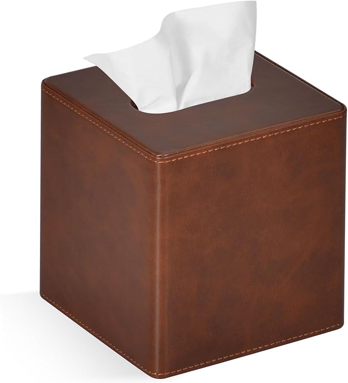GOLRANLYE Tissue Box Cover Square PU Leather Facial Tissue Box Holder for Dresser Bathroom Decor (Brown)