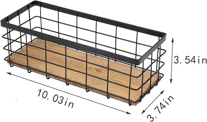 TIEYIPIN Farmhouse Small Metal Wire Storage Basket Bin, Rustic Home Storage Organizer with Wooden Bottom for Kitchen, Cabinets, Bathroom Counter, Pantry, Garage, Laundry Room - Black (4 Pack)