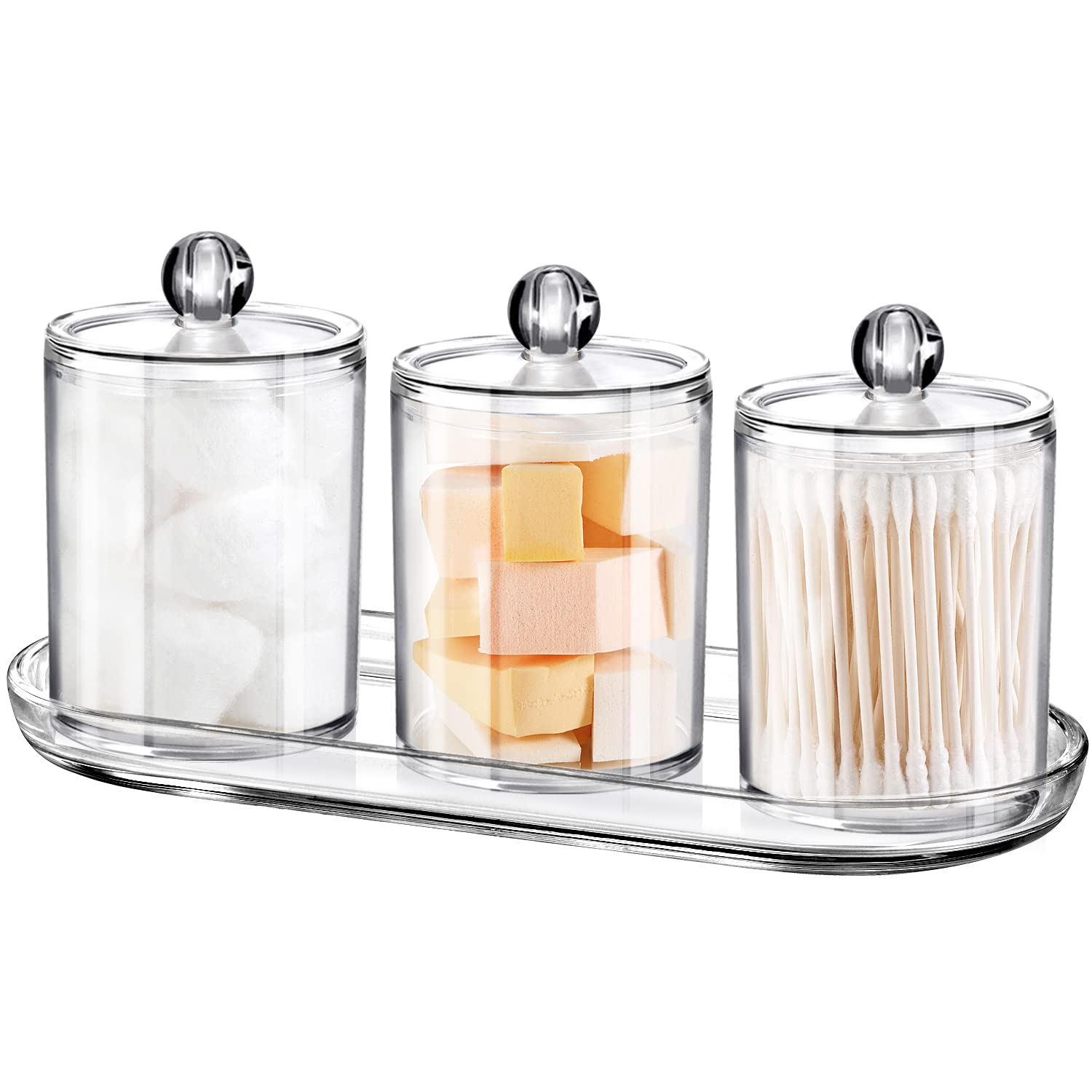 SheeChung 3 PCS Qtip Holder Bathroom Set with Tray, Acrylic Apothecary Jars