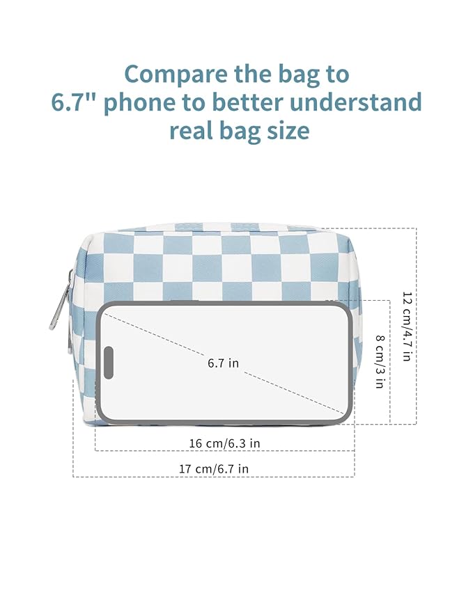 Narwey Small Checkered Makeup Bag for Purse Mini Cosmetic Bag Travel Makeup Pouch Zipper Pouch Cute Make up Bags with Compartments for Women Girls (Small, Sky Blue Checkerboard)