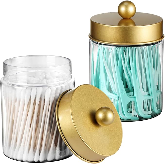3PC Farmhouse Decor Qtip Holder Apothecary Jars Bathroom Vanity Storage Organizer -Countertop Canister Container &Cute Stickers for Cotton Swab,Ball,Pad,Floss,Paper Clips (Gold,Plastic)