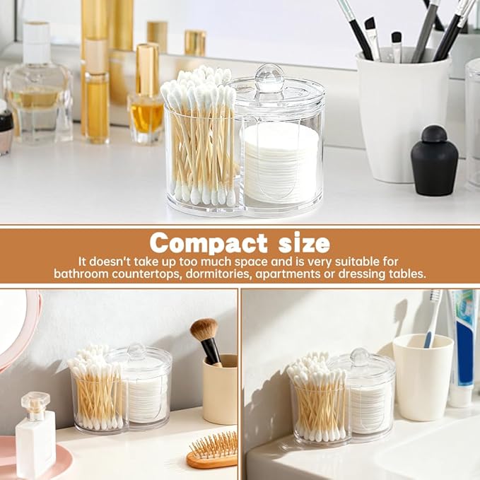 Zornaveli Q Tip Holder, 2-Grid Acrylic Cotton Swab & Cotton Pad Holder, 2 PCS Qtip Holder with Dustproof Lid for Bathroom,With 2 Pack of Qtips, Dressing Table Round Container