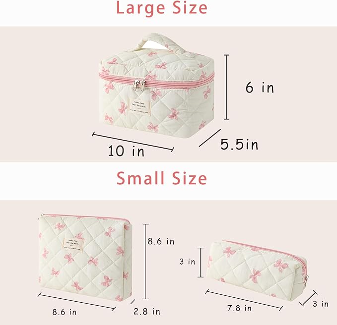 uekeboag 3Pcs Large Travel Quilted Makeup Bag for Women, Floral Cotton Cosmetic Bag, Coquette Aesthetic Floral Toiletry Organizer Bag(3Pcs WhitePink Bow