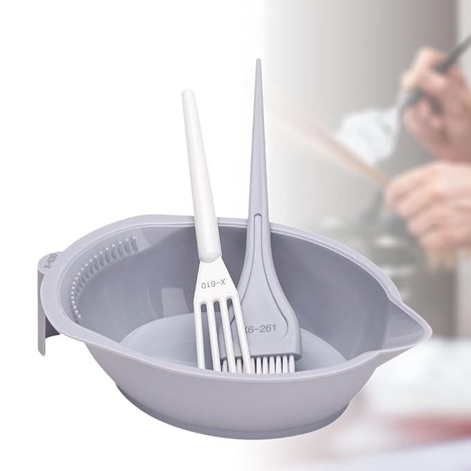 3-Piece Hair Dye Coloring Kit with Mixing Bowl, Brush, and Stirrer, Grey, for Home and Salon Use