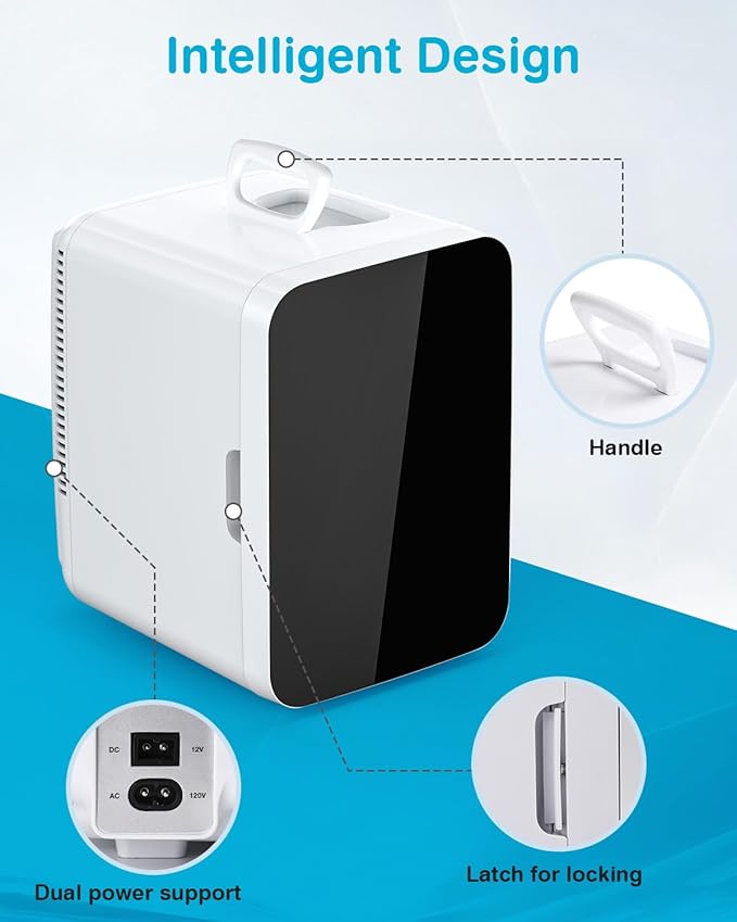 Electactic 10L Compact Mini Fridge, Portable Small Refrigerator, Small Cosmetics Cooler, 2.6 Gal Mini Fridge with AC/DC Adapters for Beverage, Food, Makeup, Bedroom, Office, Dorm, White