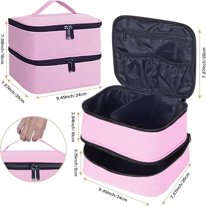 TANPADUAJI Double Layer Makeup Bag Portable Large Cosmetic Case Organizer with Adjustable Dividers Storage Travel Bag for Accessories Brushes Conditioner and Skin Care Products (Pink)