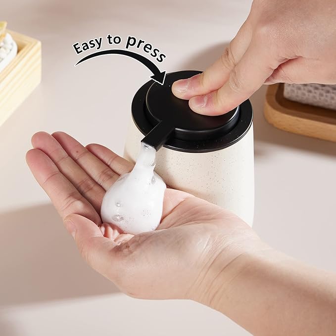12Oz Hand Soap Dispenser Set - 2 Pack Ceramic Foam Soap Dispenser Set with Easy-to-Press Black Pump, Refillable Mordern Foaming Dish Soap Dispensers for Bathroom & Kitchen (Beige, Foam Pump)