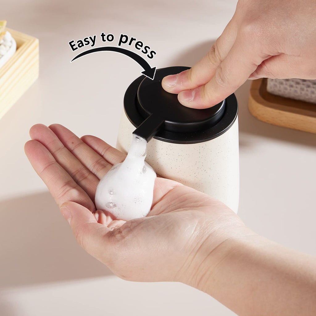 12Oz Hand Soap Dispenser Set - 2 Pack Ceramic Foam Soap Dispenser Set with Easy-to-Press Black Pump, Refillable Mordern Foaming Dish Soap Dispensers for Bathroom & Kitchen (Beige, Foam Pump)