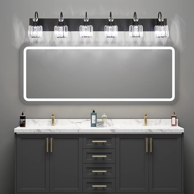 Ralbay Modern 6-Light Black Crystal Vanity Lights for Bathroom - Matte Black Crystal Wall Light Fixtures