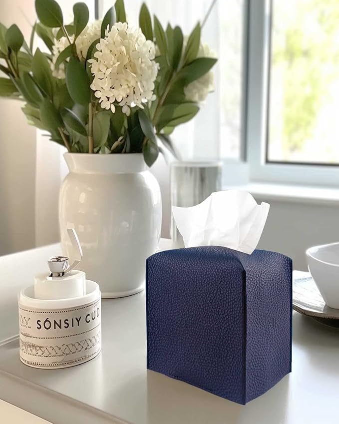 Tissue Box Cover Square Leather – Tissue Box Holder with Bottom Belt [JESMINI, Navy Blue] Decorative Cube Tissue Holder for Bathroom