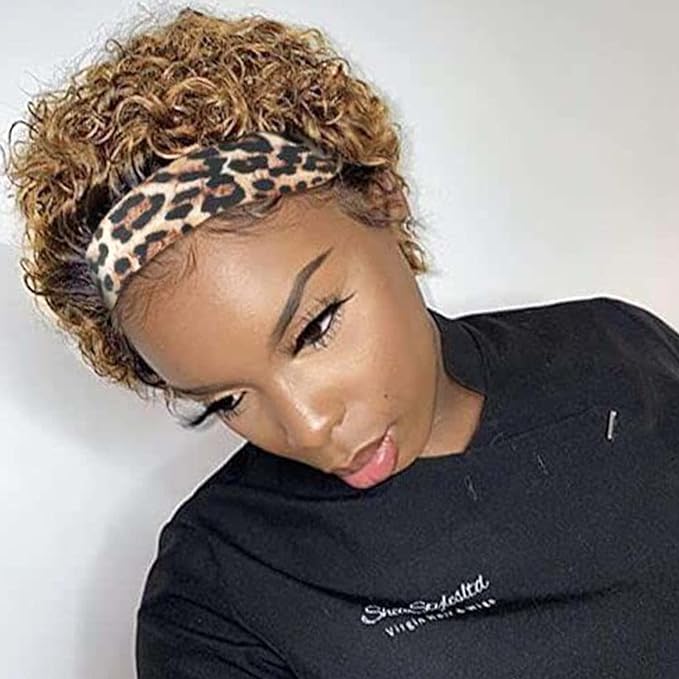 Headband Wigs Human Hair for Black Women Blonde Ombre Pixie Cut Headband Wig Put On and Go Glueless Human Hair Wig with Headband,150% Density 6inch，T27