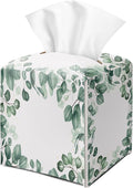 Eucalyptus Leaves Tissue Box Cover Square with Bottom Belt, Leather Waterproof Tissue Holder Facial Paper Case for Tabletop Home Office Bathroom Car Decor -02