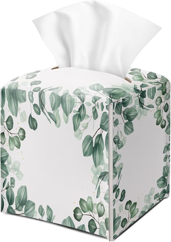 Eucalyptus Leaves Tissue Box Cover Square with Bottom Belt, Leather Waterproof Tissue Holder Facial Paper Case for Tabletop Home Office Bathroom Car Decor -02
