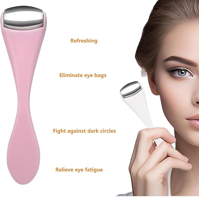 Mini Eye Face Rollers Massager 304 Stainless Steel Ice Silicone Roller for Relief Pain Skincare Facial Women Girl Gift Pink Color