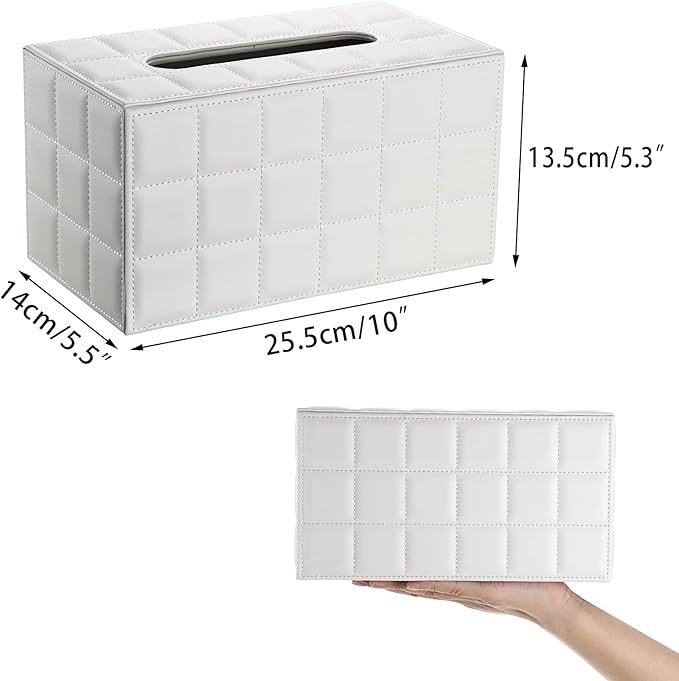 Sumnacon Tissue Box Cover Rectangle Leather Tissue Box with Magnetic Bottom,PU Tissue Box Holder Decorative Grid White Tissue Cover for Bathroom Toilet Bedroom Kitchen Office Table Desk, Large