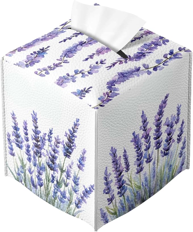Butterfly Tissue Box Cover Purple Lavender Blossoms Garden Square PU Leather Waterproof Tissue Box Holder for Bathroom Kitchen Bedroom Vanity Countertop Night Stands