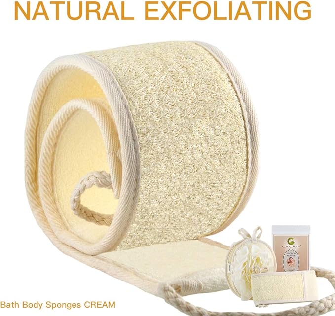 CROVIN Mesh Pouf Body Sponge Set - Redesign Bath Loofahs Shower Puffs 2 Pack & Exfoliating Natural Loofah Back Scrubber. How to - Great Gift for A Glowing Skin & Healthy Body