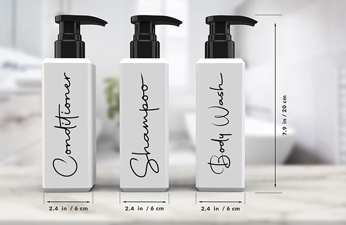 Spa-Inspired Refillable Shampoo and Conditioner Bottles - Dispenser Set of 3 with Pump - Bottles for Shower Wall – Printed Shampoo, Conditioner & Body Wash
