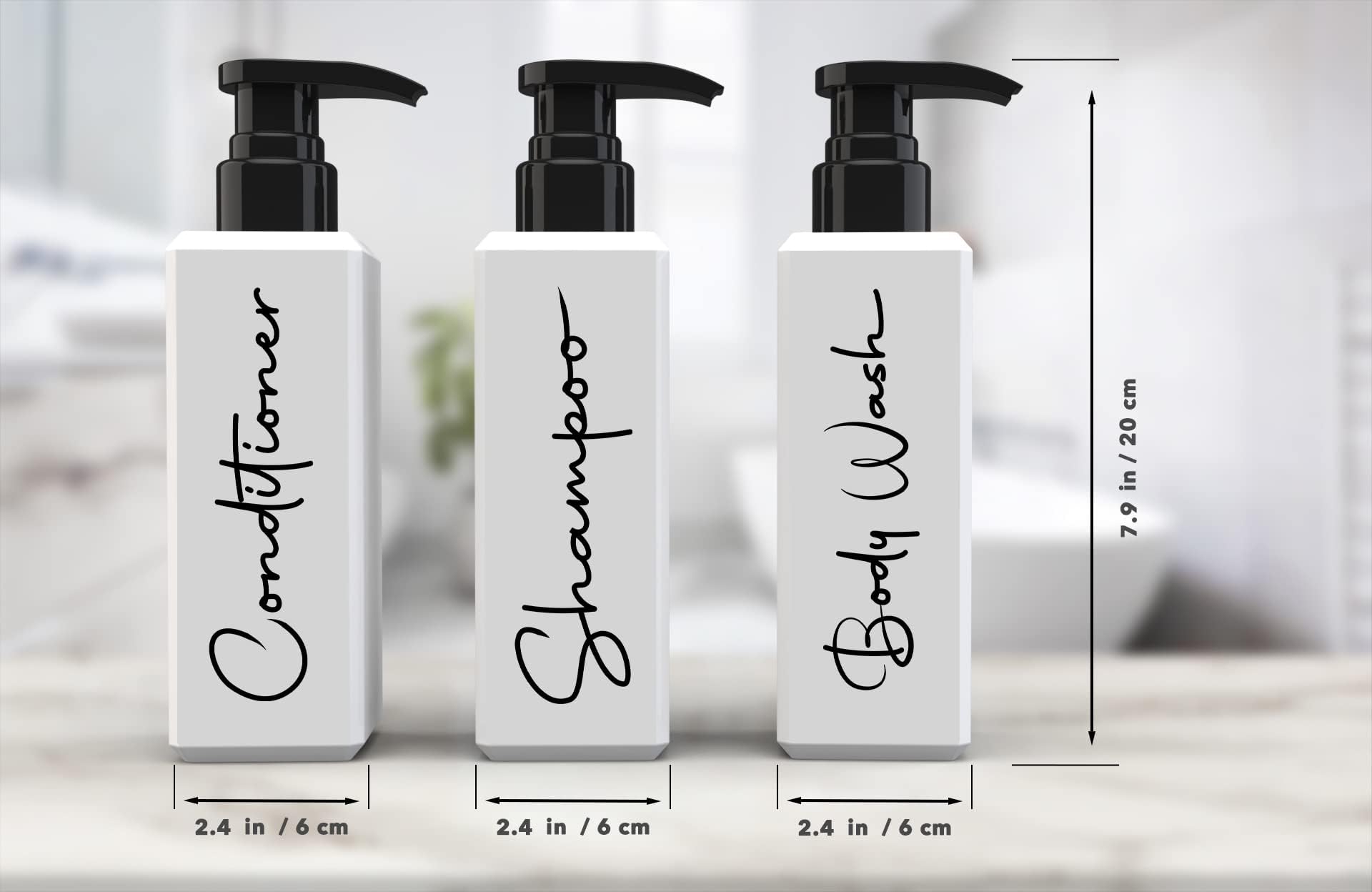 Spa-Inspired Refillable Shampoo and Conditioner Bottles - Dispenser Set of 3 with Pump - Bottles for Shower Wall – Printed Shampoo, Conditioner & Body Wash