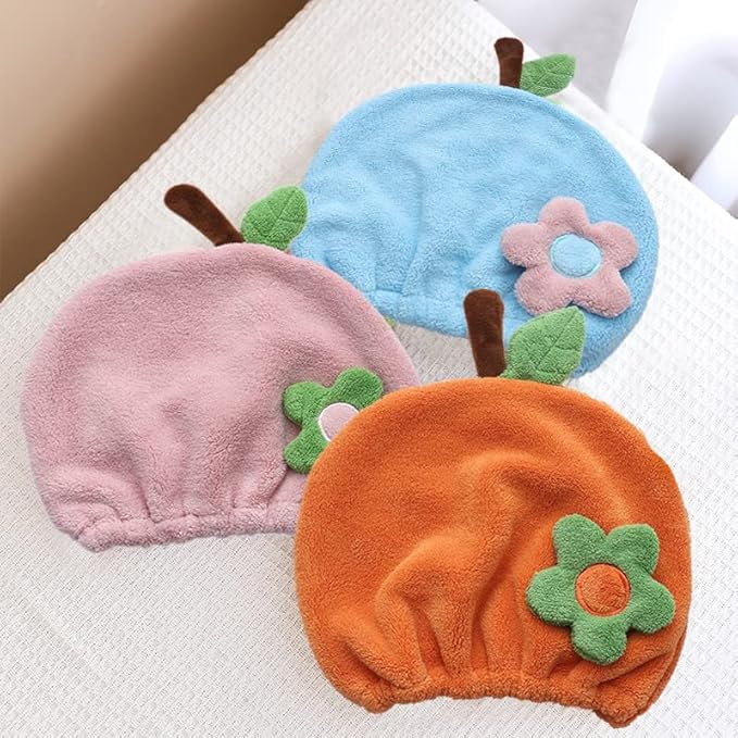 Hair Drying Towel for Kids Girls, Cute Cartoon Absorbent Quick Drying Bath Wrap Set for Bathing, Swimming Pool, Soft Microfiber Cap for Curly Long & Wet Hair, Pink Flower