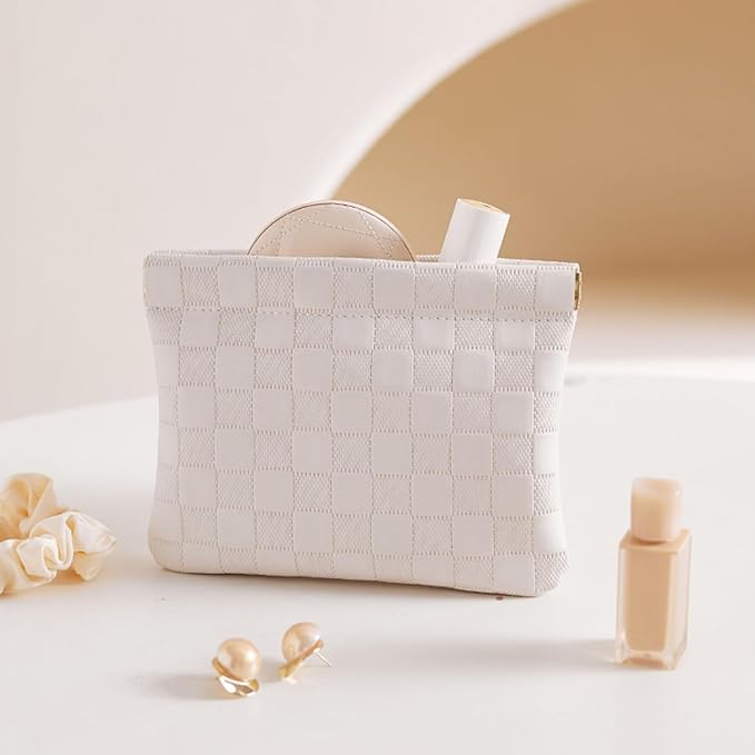HIGH FIT Leather Pocket Cosmetic Bag for Purse,Coin Purse Lipstick Cosmetic Accessories Organizer, Travel Kit Storage Pouch,Waterproof Portable No Zipper Self-closing (Pink+White/Small)