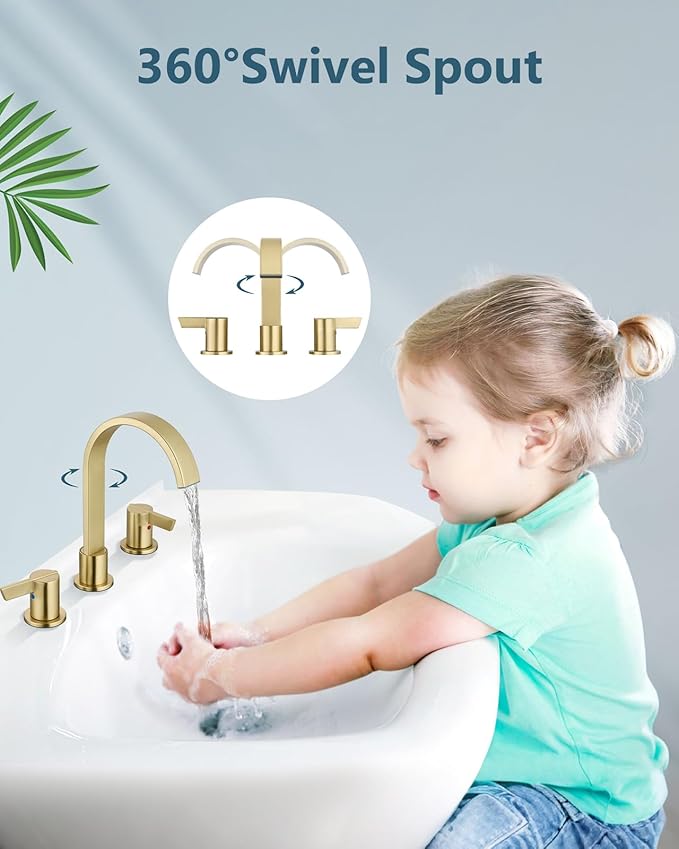 Aolemi Bathroom Faucets 3 Hole,8 Inch Widespread Waterfall Bathroom Sink Faucet,2 Handles Vanity Faucet with Pop-up Drain and Supply Hose,Brushed Gold