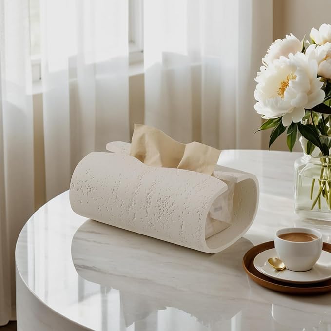 Haocoott Tissue Box Cover Rectangle, Travertine Look, Curved Open, Cream