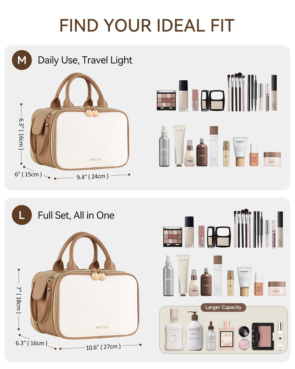 Prite Large Makeup Bag, Waterproof Travel Cosmetic Case with Brush Holder