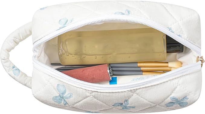 HHQQWZ Makeup Bag Travel Cosmetic Bag for Women, Zipper Make Up Pouch, Floral Flowers Toiletry Organizer Makeup with Handle, Cosmetic Travel Cloth Bag (Blue Bow Tie)