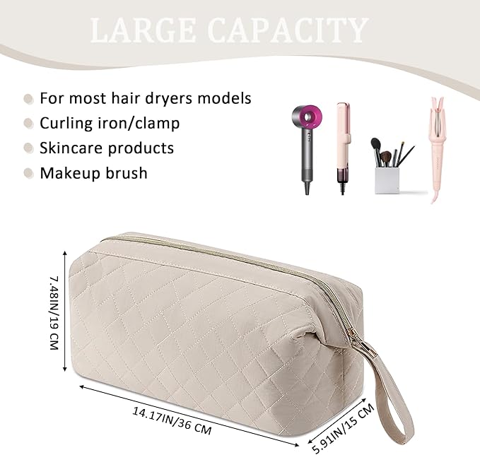 Quilted Hair Tools Travel Bag Organizer,Portable Large Hair Styling Accessories Storage Case for Flat Irons,Straightener,Curling Iron,Hair Dryer (Beige)