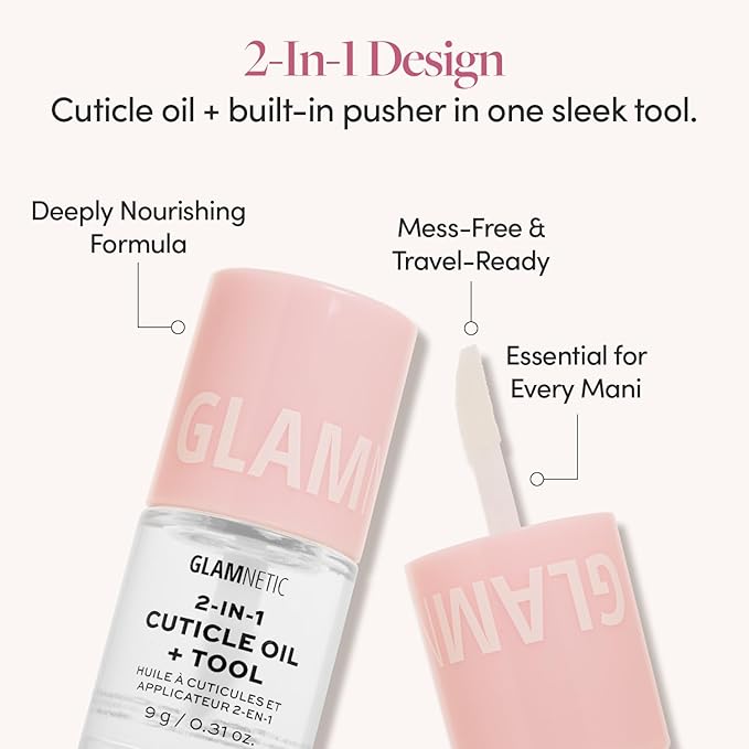 Glamnetic 2-in-1 Cuticle Oil | Nourishing Cuticle Serum & Cuticle Pusher For Healthy Nails | Overnight, Hyaluronic Acid - 0.31 Oz
