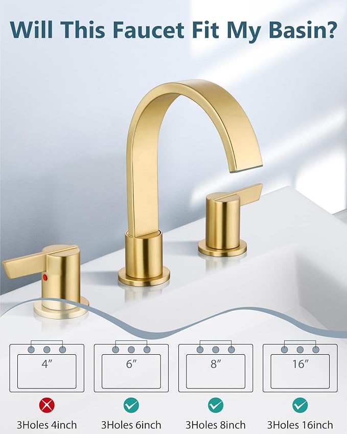 Aolemi Bathroom Faucets 3 Hole,8 Inch Widespread Waterfall Bathroom Sink Faucet,2 Handles Vanity Faucet with Pop-up Drain and Supply Hose,Gold